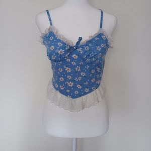coquette lace daisy patterned blue cropped cami